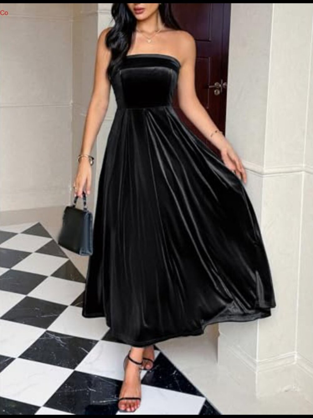 Women's Strapless Velvet Evening Gown Pleated Swing Wedding Bridesmaid Maxi - Picture 2 of 5